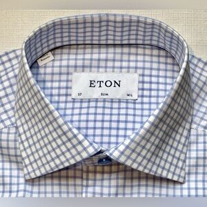 $395 NEW ETON DRESS SHIRT XS S 14.5 37 SLIM FIT WHITE BLUE TATTERSALL CHECK MENS